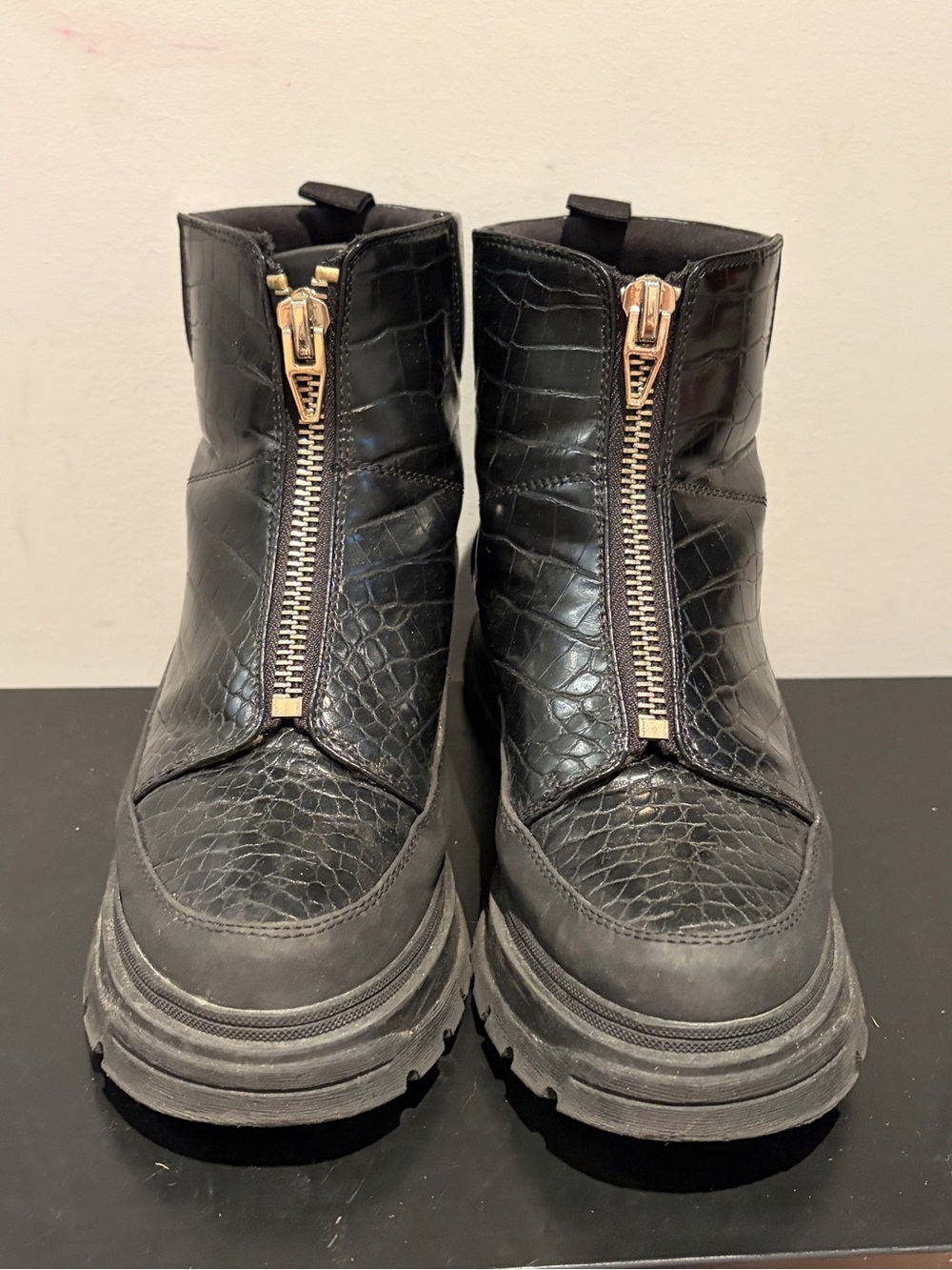 Women’s Black Croc-Embossed Leather Zip Front Boots